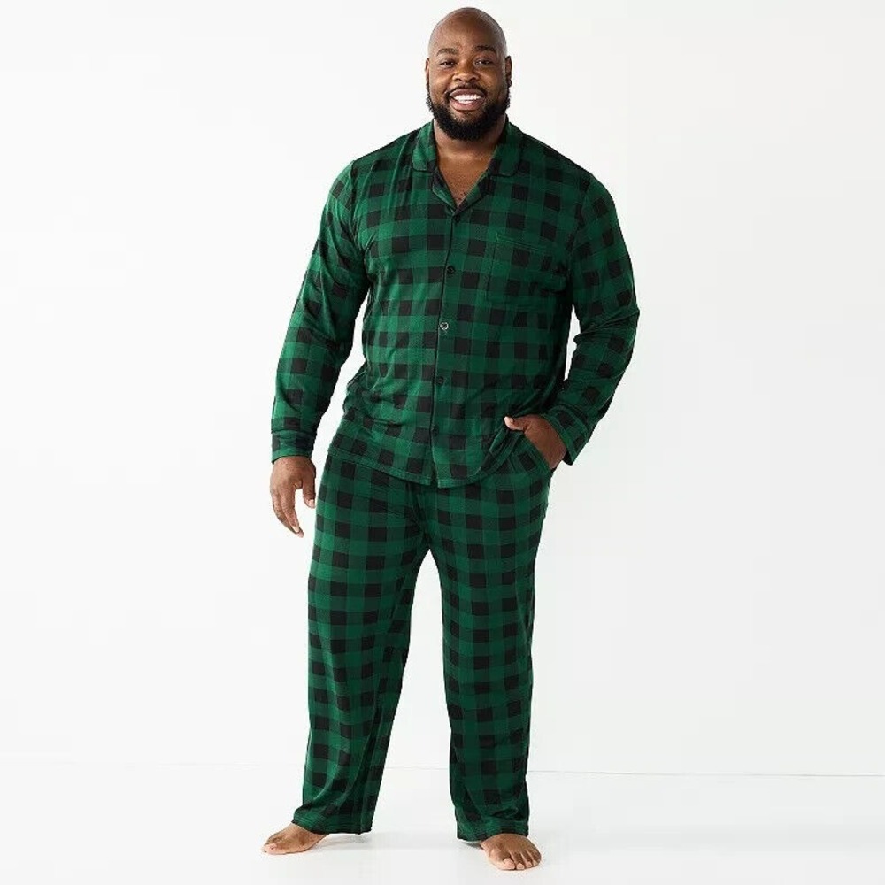 CUDDLE DUDS SOFT KNIT LONG PAJAMA SET Men's Size 3XLT‎ Green Black Buffalo Plaid